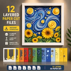 May include: A framed 3D paper art piece featuring a layered design of sunflowers and a starry night sky in shades of blue, yellow, and green. The artwork is accompanied by the text "12 Layered Paper Cut Files" and "Instant Download."