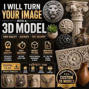 May include: An advertisement for 3D model services. The image showcases various 3D models, including a lion's head, a decorative column, and a floral relief. Text highlights "High Quality," "Accurate," and "Fast Delivery." The ad also mentions "Digital Files" and "Custom 3D Models."