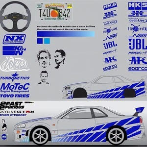 May include: A graphic featuring a silver sports car with blue accents, logos, and portraits. The text includes "2 Fast 2 Furious," "Skyline GTR34," and "Brian O'Conner." Additional logos and text are also present.