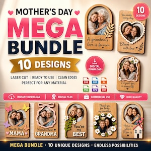 May include: A Mother's Day mega bundle with 10 designs. The image features wooden plaques with photos and text like "A grandma's love is forever" and "World's Best Mama." The design includes digital download options.