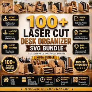 100+ laserskurna skrivbordsorganisatörer SVG-paket | CNC-filer, digital nedladdning