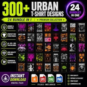 Pacote com mais de 300 estampas urbanas para camisetas, gráficos streetwear e pôsteres grunge (download digital)