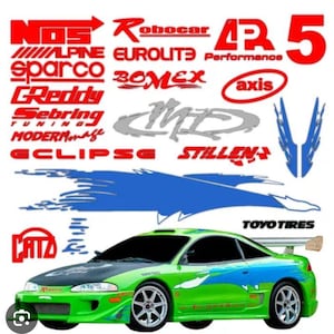 May include: A green and blue sports car with various brand logos, including "NOS," "Sparco," and "Greddy." The car has a black hood and a rear spoiler. The image also features several automotive-related decals.