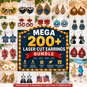 May include: A collection of laser-cut earrings in various designs, including skulls, bees, cherries, turtles, roses, daisies, pandas, American flags, and more. The image also features text that reads "MEGA 200+ LASER CUT EARRINGS BUNDLE."