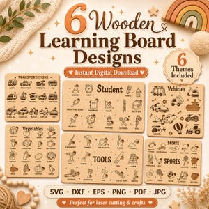 May include: Six wooden learning board designs featuring themes like transport, student life, vehicles, vegetables, tools, and sports. Each design includes laser-cut wooden illustrations. Ideal for laser cutting and crafts.