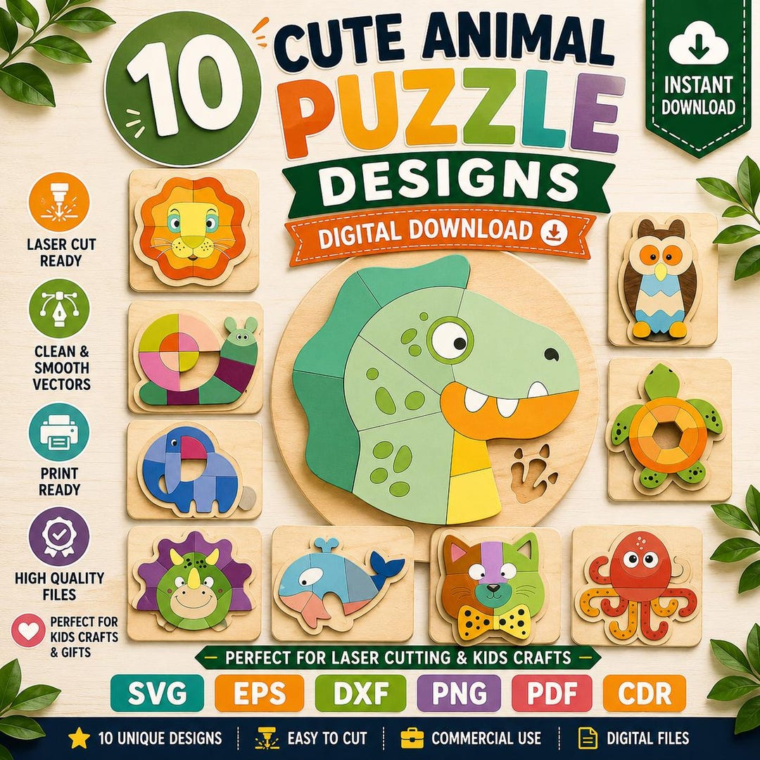 10 Animal Puzzle SVG Bundle, Laser Cut Kids Designs, Wooden Toy Files ...