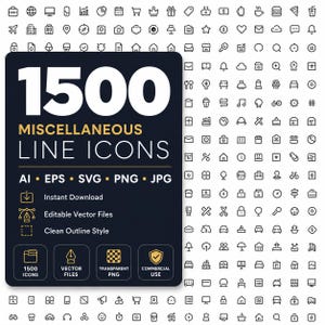May include: An image showcasing 1500 miscellaneous line icons in a clean outline style. The image includes the text "1500 MISCELLANEOUS LINE ICONS" and file type indicators: AI, EPS, SVG, PNG, and JPG. Features include instant download, editable vector files, and commercial use.