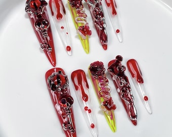 Bloody Press On Nails | Custom Handmade Nail Set with Skull Design & Blood | Halloween False Nails | Gothic| Reusable Gel Nails Deadly
