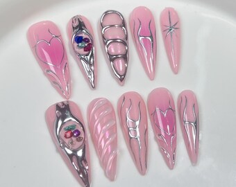 Roze en zilveren cyberpers op nagels | Op maat gemaakte handgemaakte nagelset met handgeschilderde details | Glitter kunstnagels Herbruikbare gelnagels Maten