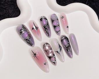 Roze pers op de nagels | Op maat gemaakte handgemaakte nagelset met bloemdessin en edelstenen | Glitter kunstnagels | Bruiloft | Herbruikbare gelnagels goudkleurig