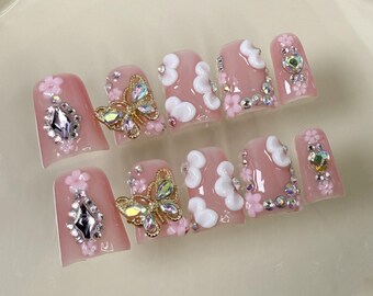 Roze schattige druk op de nagels | Op maat gemaakte handgemaakte nagelset | Kristal | Vlinder kunstnagels | Bruiloft | Lint herbruikbaar gelnagels | Japanse nagels