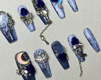 Royal Blue Press On Nails | Hand Painted Floral Design with Crystal Gems | Elegant & Romantic False Nails | Luxury Gothic Floral Design