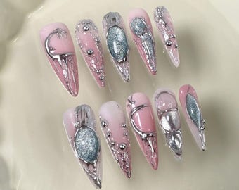 Roze zilveren Galaxy pers op nagels | Op maat gemaakte handgemaakte nagelset met edelstenen | Glitter kunstnagels | Bruiloft | Maten herbruikbare gelnagels