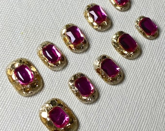 Gold Glitter Press On Nails with Gemstone Charms | Crystal Nail Art | Luxury Glam False Nails | Bridal Party Nails