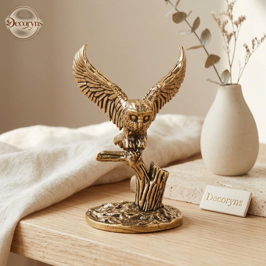Brass Owl Figurine, Flying Owl on Branch Statue, Miniature Owl Sculpture, Vintage Brass Desk Decor,
