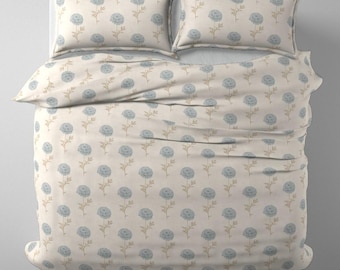 Copripiumino floreale per camera da letto in stile cottagecore, set di biancheria da letto matrimoniale in raso di cotone con stampa a blocchi beige e blu