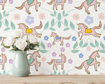 Papel pintado de unicornios en tonos pastel suaves para la habitación de bebé niña, decoración de pared autoadhesiva para habitación infantil estilo boho con unicornios rosas.