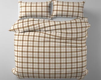 brown plaid bedding set queen king twin, traditional country tartan duvet cover cotton satin with matching pillow shams