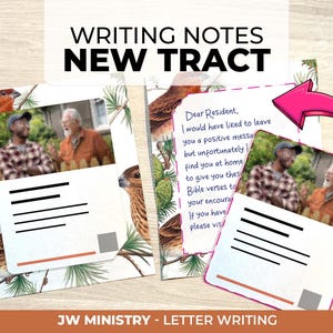 May include: Two rectangular cards featuring a watercolor bird and pine branch pattern. Each card displays a photograph of two people, a white text box with black lines, and a gray square. One card shows a handwritten note starting with Dear Resident.