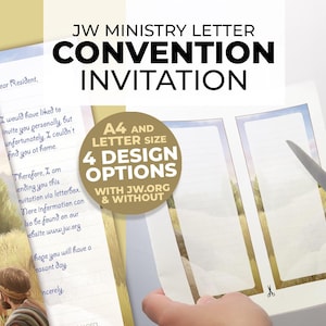 Op de afbeelding: Gedrukte uitnodiging met de tekst "JW Ministry Letter Convention Invitation". Het ontwerp bevat een brief met tekst en een ronde sticker met de tekst "A4 and Letter Size, 4 Design Options, with JW.org & without."
