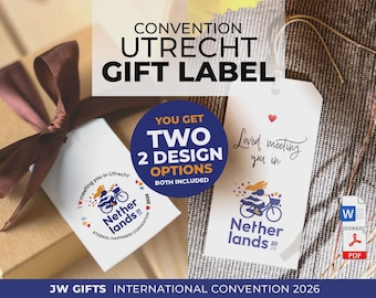 Utrecht 2026 JW congres cadeau labels, Nederland Internationaal Congres 2026 | jw.org gift A4 print cadeau label zelf printen kado labels