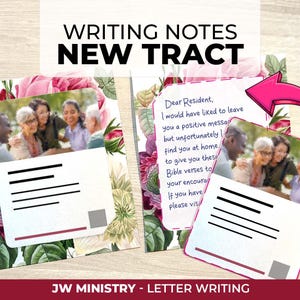May include: Two rectangular cards featuring a floral background with pink and white flowers. Each card displays a photograph of a diverse group of people, a white space for handwritten text, and a pink arrow pointing to the text area. Text reads: WRITING NOTES NEW TRACT and JW MINISTRY - LETTER WRITING.
