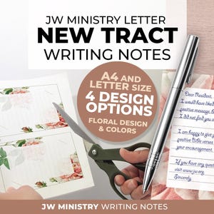 May include: A stationery set with floral design elements. The image shows a pen, scissors, and a handwritten note. The text on the note reads, "Dear Resident...I am happy to give you these positive Bible verses..." The text on the stationery reads "JW MINISTRY LETTER NEW TRACT WRITING NOTES".