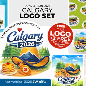 Puede incluir: Un conjunto de logotipos para la convención Eternal Happiness de Calgary 2026 con un sombrero de vaquero amarillo, una pila de tortitas con sirope y una botella de sirope de arce. El diseño incluye pinos, montañas y el texto Calgary 2026.