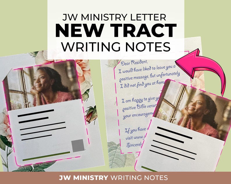 Op de afbeelding: Afbeelding van JW Ministry Letter Writing Notes. De afbeelding toont een vrouw die uit een raam kijkt, met de tekst "New Tract Writing Notes". De notities hebben lijnen om op te schrijven en een bloemenachtergrond. gemaakt om brieven te schrijven in de velddienst