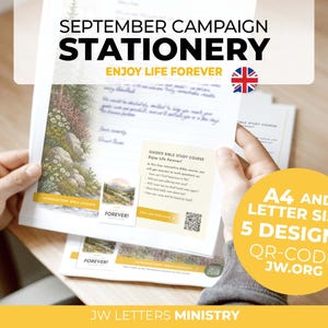 May include: A white sheet of stationery featuring a nature illustration of a rocky hillside with trees and flowers, text reading SEPTEMBER CAMPAIGN STATIONERY ENJOY LIFE FOREVER, and a small box with a QR code and guided Bible study course details.