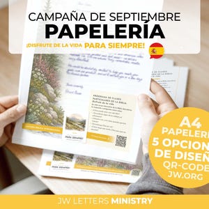 Könnte beinhalten: Ein weißes A4-Papierdokument mit dem Text CAMPAÑA DE SEPTIEMBRE PAPELERÍA und ¡DISFRUTE DE LA VIDA PARA SIEMPRE!. Das Dokument enthält eine Landschaftsillustration eines Waldes, einen QR-Code und den Text PROGRAMA DE CLASES PARTICULARES.
