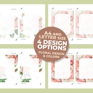 May include: Four floral design stationery options in A4 and letter sizes. Each design features a white lined area for writing, surrounded by pink and green floral illustrations. The text on the image reads: "A4 and Letter Size, 4 Design Options, Floral Design & Colors."