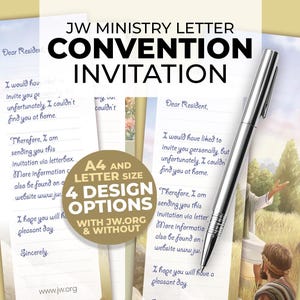 Może przedstawiać: Zestaw drukowanych listów służbowych z tekstem JW MINISTRY LETTER CONVENTION INVITATION oraz A4 AND LETTER SIZE 4 DESIGN OPTIONS WITH JW.ORG & WITHOUT. Listy zawierają niebieski tekst pisany kursywą na białym papierze oraz srebrny długopis.