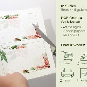 May include: A sheet of printable note paper with floral designs and lines. The paper is being cut with scissors. The text on the image says "Includes lines and guides" and "PDF format: A4 & Letter".