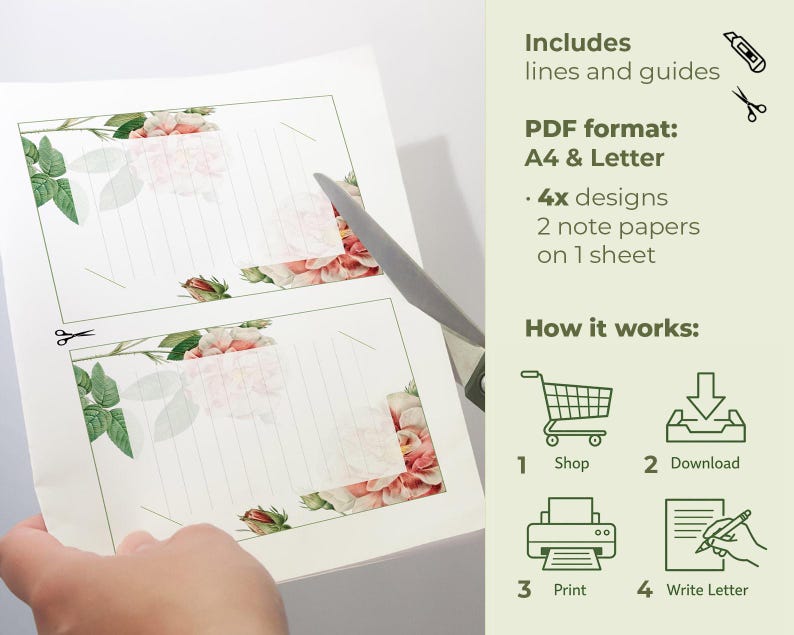 May include: A sheet of printable note paper with floral designs and lines. The paper is being cut with scissors. The text on the image says "Includes lines and guides" and "PDF format: A4 & Letter".