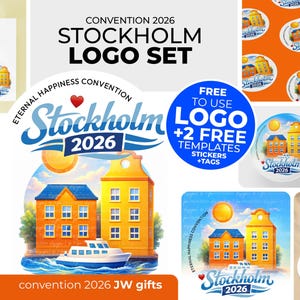 Puede incluir: Un conjunto de logotipos para la Convention 2026 Stockholm, con ilustraciones de edificios amarillos y naranjas, un barco blanco y un sol. El texto incluye Eternal Happiness Convention, Stockholm 2026 y Free to use logo más dos plantillas.