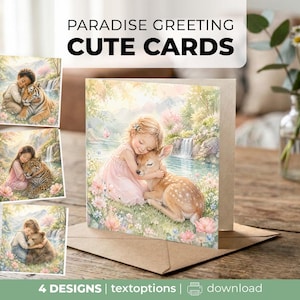 Könnte beinhalten: Ein Set aus vier Grußkarten mit Illustrationen von Kindern, die verschiedene Tiere wie einen Tiger, Leoparden, Bären und ein Rehkitz in einer Landschaft mit Wasserfällen und Blumen umarmen. Der Text lautet PARADISE GREETING CUTE CARDS.