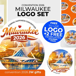 Puede incluir: Un conjunto de diseño digital para el Convention 2026 Milwaukee Logo Set que incluye pegatinas circulares, etiquetas y un llavero. Los gráficos muestran el Milwaukee Art Museum con el texto Eternal Happiness Convention Milwaukee 2026.