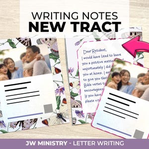 Puede incluir: Dos tarjetas rectangulares con un patrón de mariposas y flores que incluye una fotografía familiar. El texto dice WRITING NOTES NEW TRACT y Dear Resident, I would have liked to leave you a positive message but unfortunately I did not find you at home.