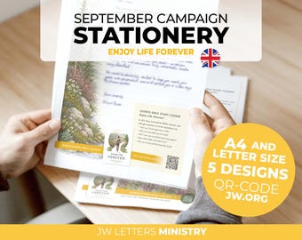 Engels | JW Brieven campagne September | Briefpapier voor velddienst | jw.org | bijbelcursus aanbieden brief voor eeuwig gelukkig + sticker