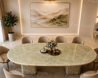 Luxury Green Onyx Dining Table Oval, Natural Stone Dining Room Table, Custom Marble Table, Modern Executive Desk, Resin Table