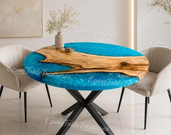 Round Ocean Blue Epoxy Resin Dining Table – Live Edge Wood River Table – Modern & modern Table – Handmade Luxury Coffee Table