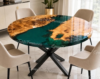 Round Epoxy Dining Table, Live Edge Olive Wood River Table, Custom Blue Resin Table, Luxury Round Dining Table, Burl Wood Table