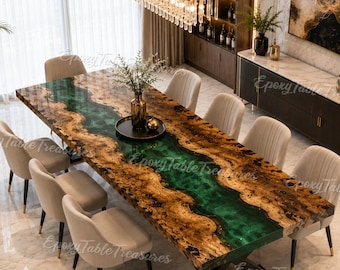 Luxury Green Epoxy River Dining Table, Live Edge Burl Wood Table, Custom Resin Conference Table, Modern & luxury dining table Furniture