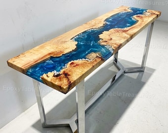 Luxury Walnut Deep Blue Epoxy River Console Table  Modern Hallway Entryway Table Handcrafted Edge Walnut Console Galaxy Blue Epoxy Table