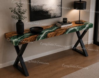 Emerald Green Epoxy Console Table | Luxury Live Edge River Table | Malachite Resin Entryway modern & luxury console Table