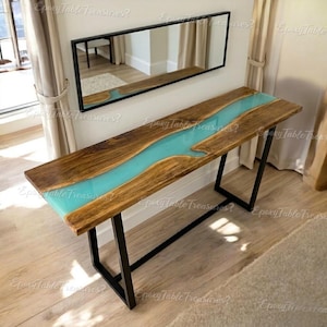 Luxury Live Edge Walnut Epoxy River Console Table – Aqua Blue Resin Handcrafted Wooden Epoxy River Console Table Turquoise Resin Sofa Table