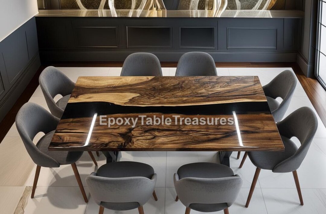 Handmade Live Edge Walnut River Table – Black Epoxy Resin Dining or ...