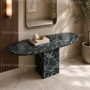 Modern Marble Console Table – Dark Green Epoxy Stone Entryway Table, Luxury Minimalist Hallway Furniture Oval Marble Console Table –