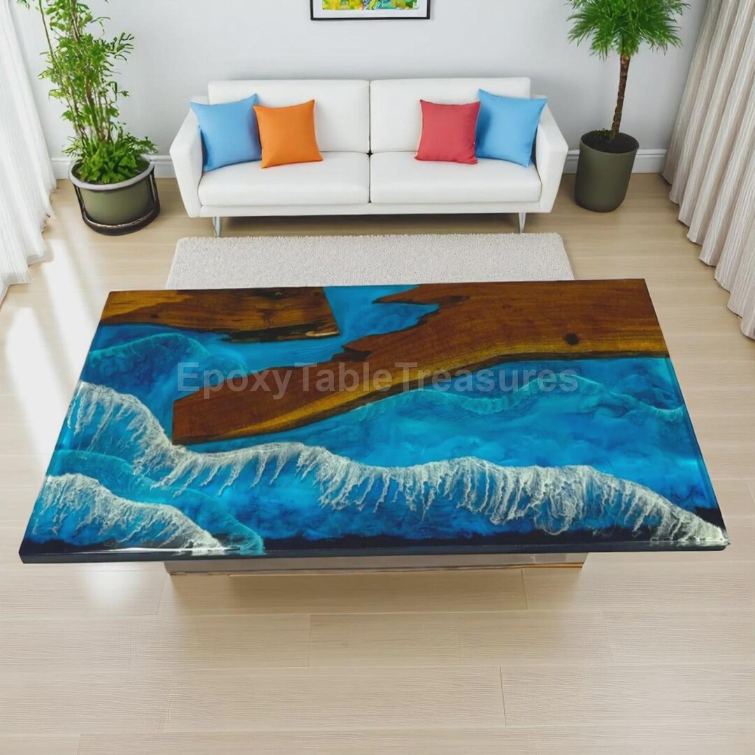 Live Edge Wood & Deep Blue Ocean Epoxy Table Resin Wave Art Furniture ...